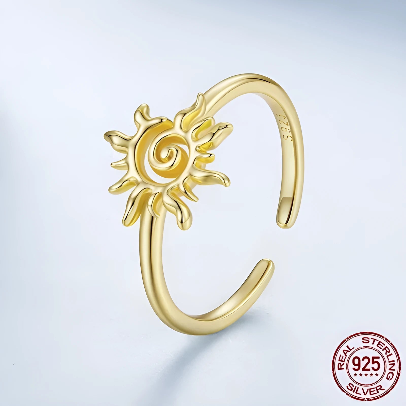 S925 sterling silver 14K gold plated sun open ring for women, adjustable size, BSR709-E finish