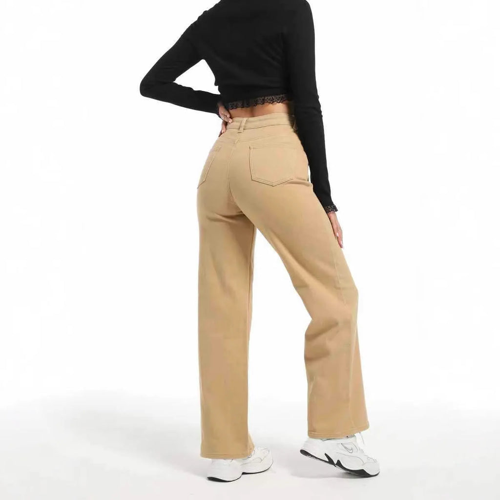 Women's straight leg wide trousers in apricot colour with high waist