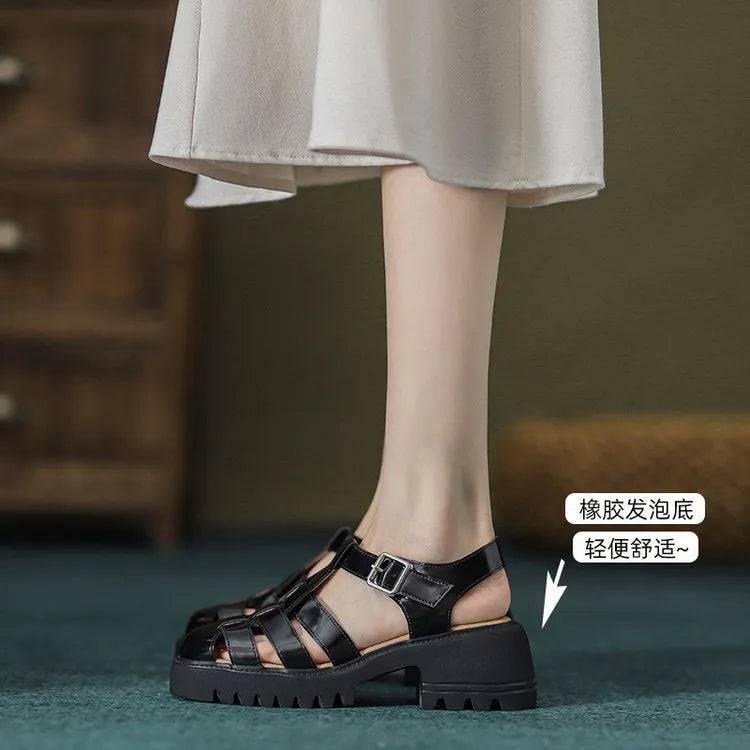 Women's closed toe platform hollow sandals with chunky heels and buckle fastening in black colour