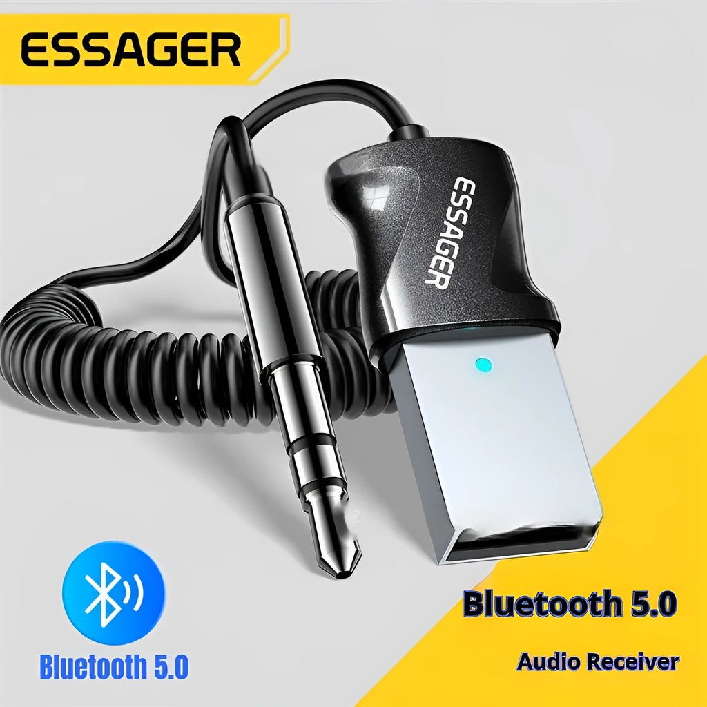 Black Bluetooth 5.0 audio receiver with gold-plated 3.5mm plug and TPE spring wire, 15g, for car aux input
