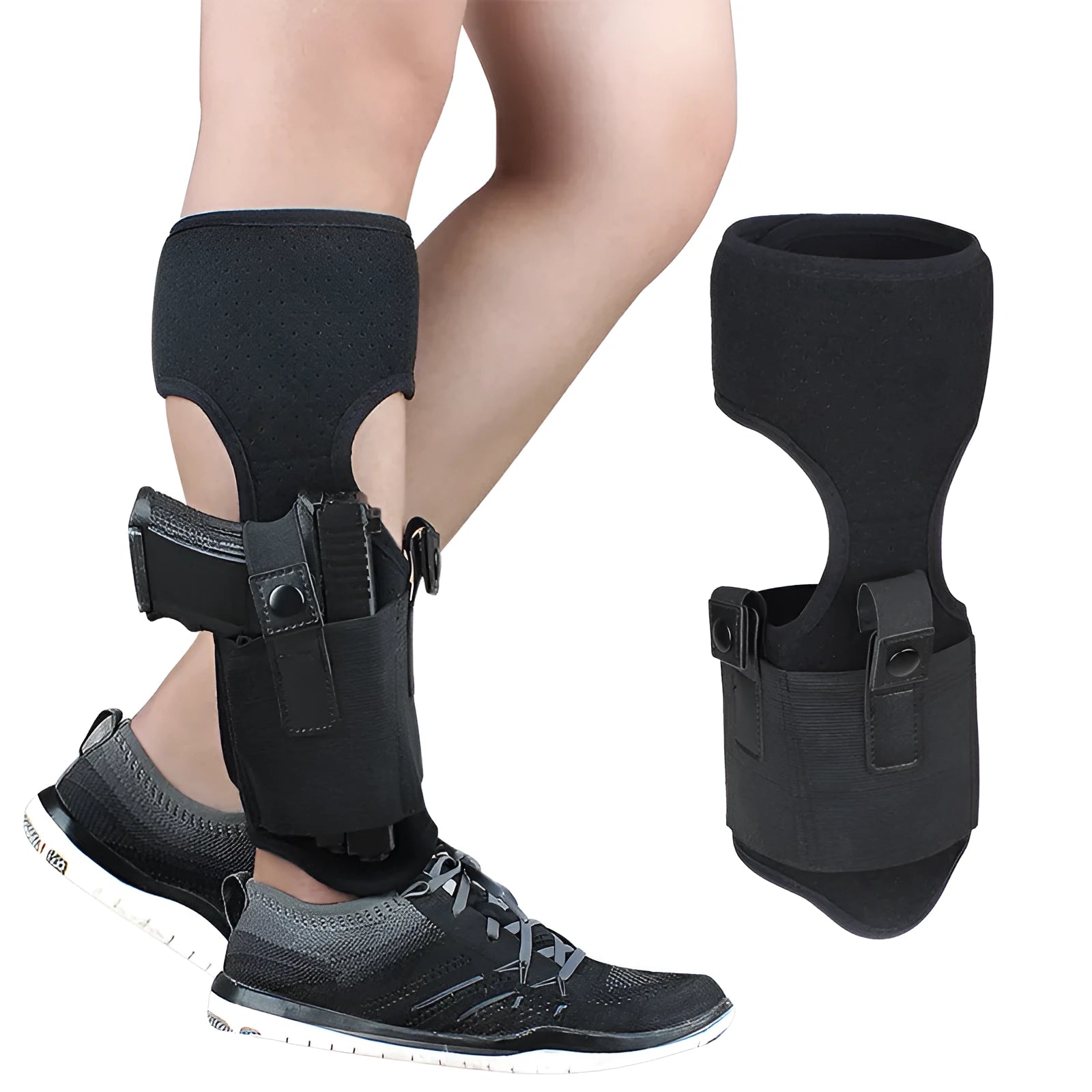 Black neoprene invisible ankle holster for universal pistol, side view showing secure fit against leg