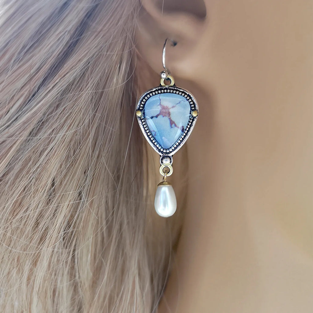 Retro blue drop earrings with geometric bohemian design and synthetic opal pearl accents
