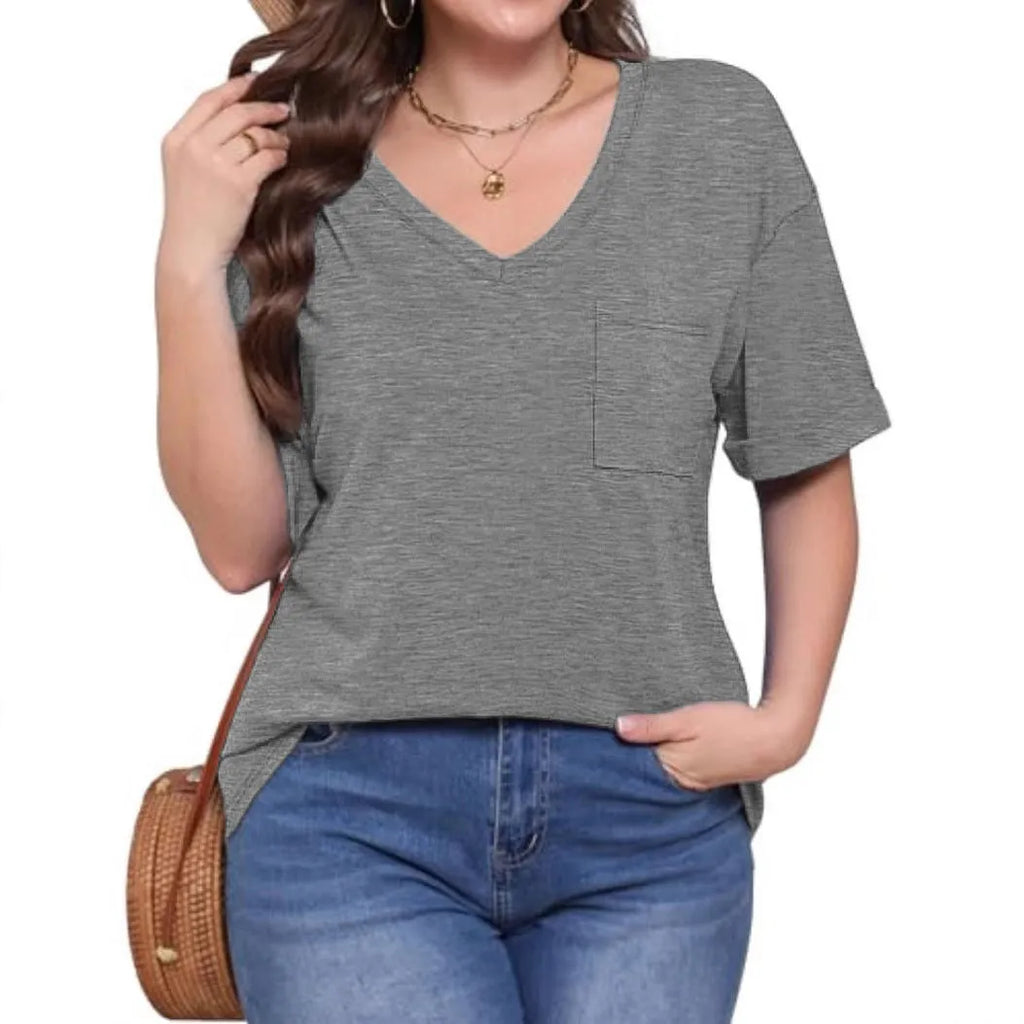 Grey loose fit men's V-neck t-shirt with a chest pocket on the front.