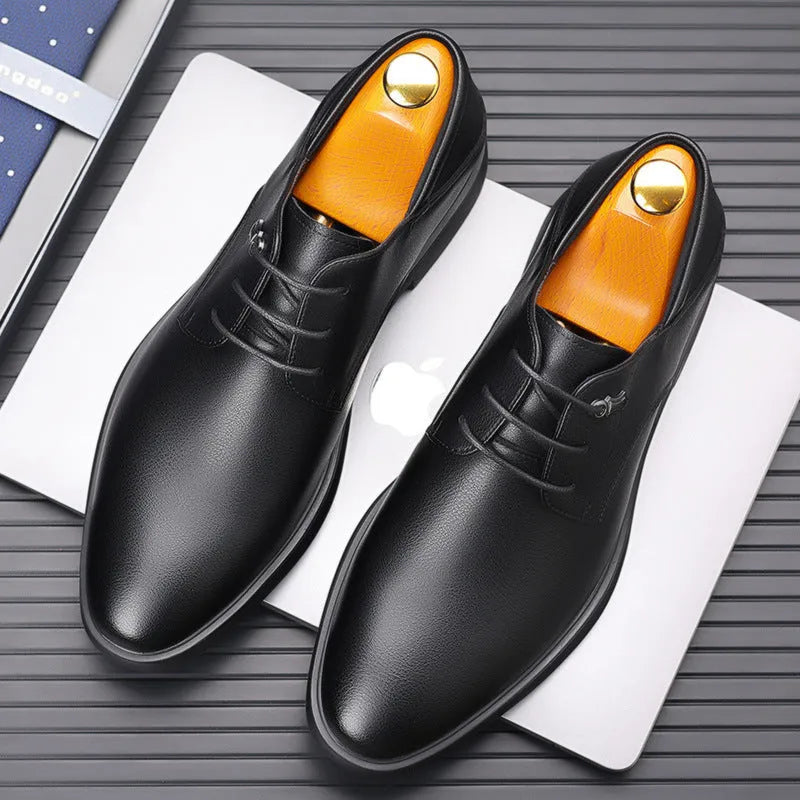 Men's black cow split leather pointed toe dress shoes with rubber sole, low heel, and low-top upper