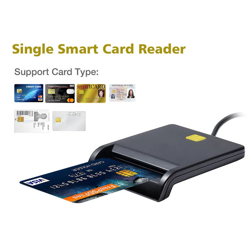 DM-HC65 USB smart card reader in black plastic casing, connected via USB cable