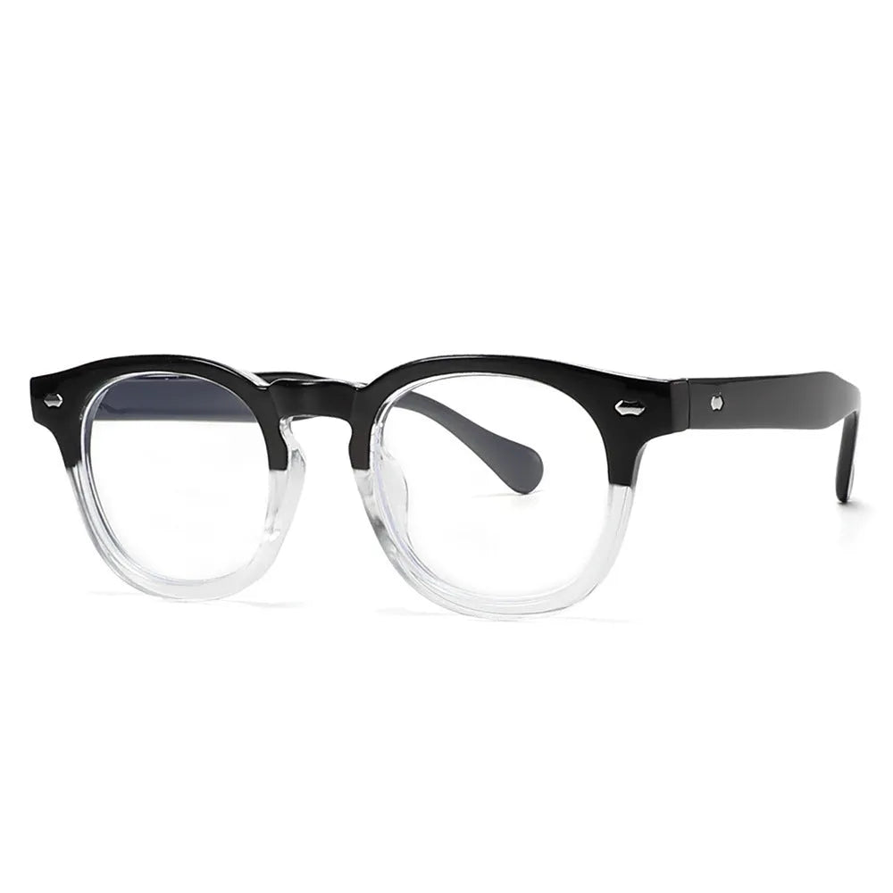 Round rim retro sunglasses with plastic frame on a solid background.