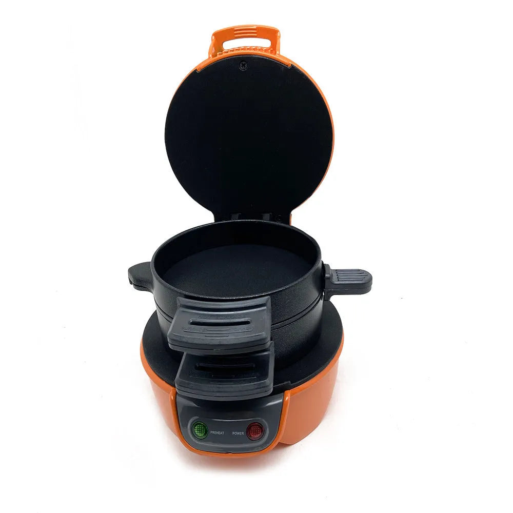 Bright red household breakfast machine sandwich toaster with egg cooker ring on a kitchen counter.