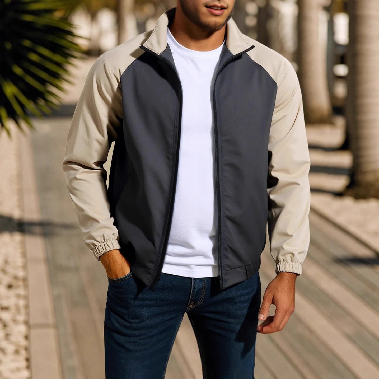 Men's stand collar casual coat with contrast colour details and raglan sleeves in loose fit