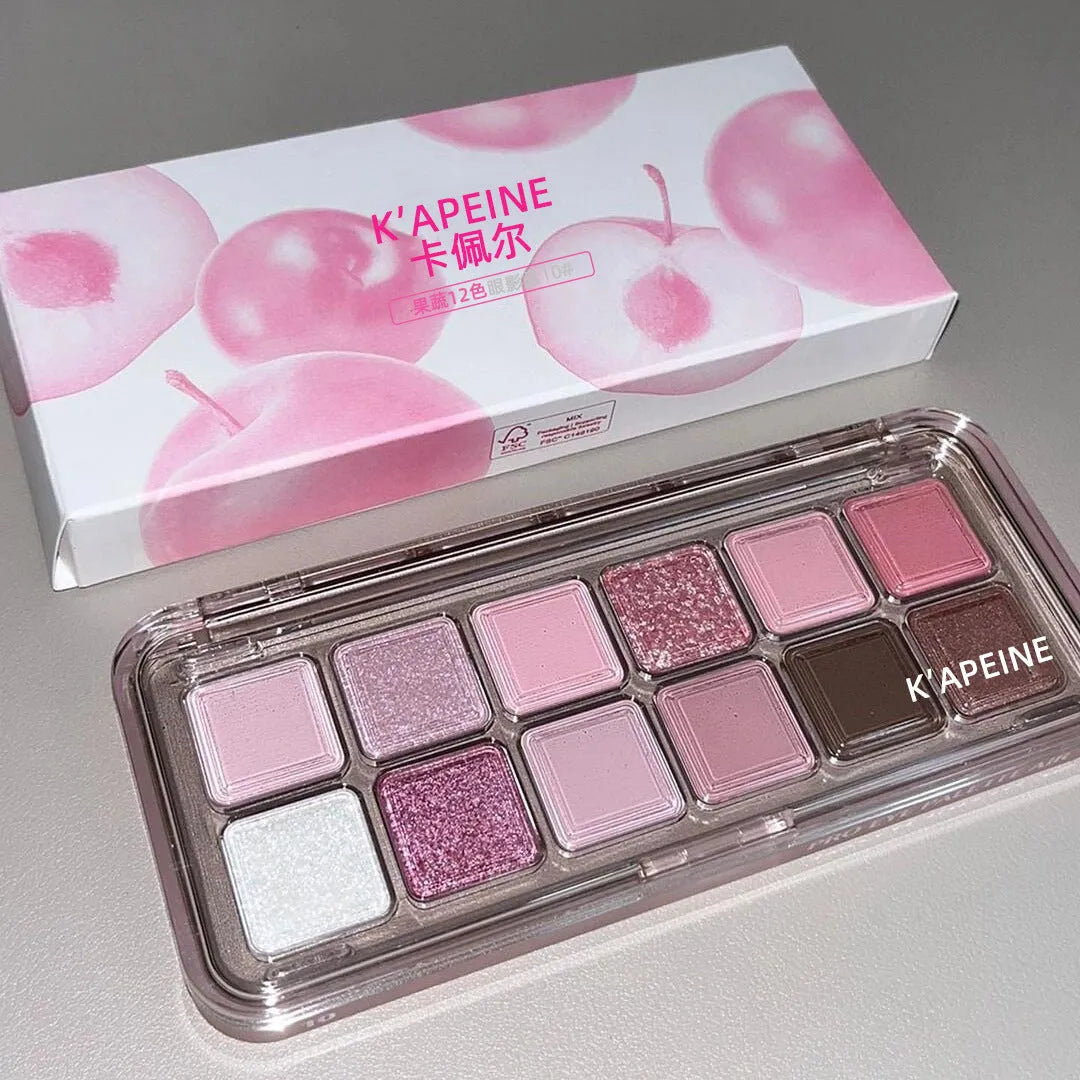 Creative Home eye shadow palette showing 12 colours including peach apple and cherry plum shades