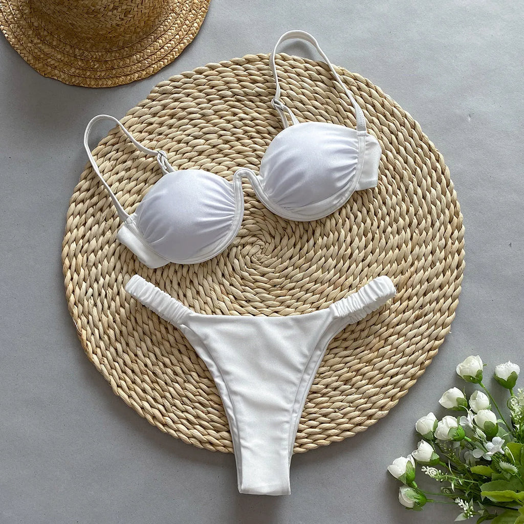 Women's khaki underwire bikini swimsuit with split briefs on a white background.