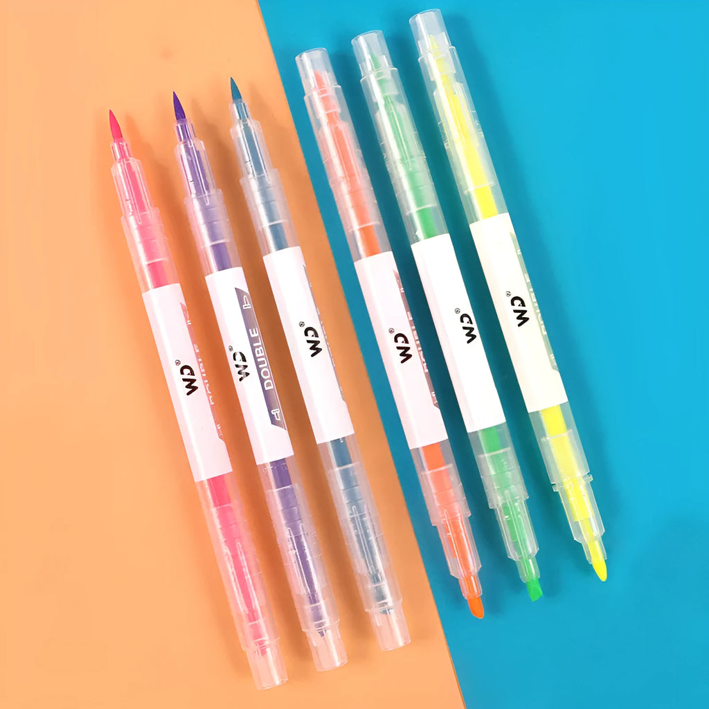 Set of six double-headed marker pens with round and oblique tips in six different colours