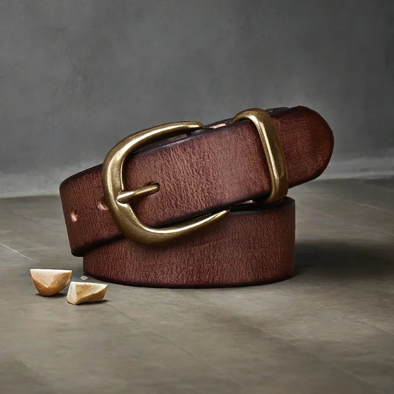 Men's casual leather belt with brass buckle in black brown khaki colours showing adjustable length 95-125cm
