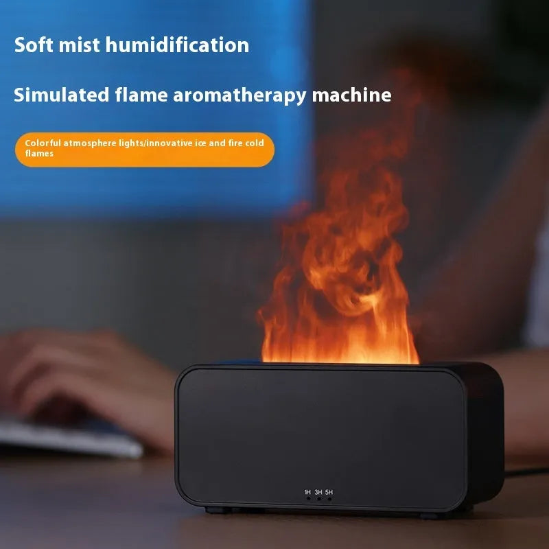 White USB aromatherapy flame diffuser humidifier with mood lighting on a wooden table.