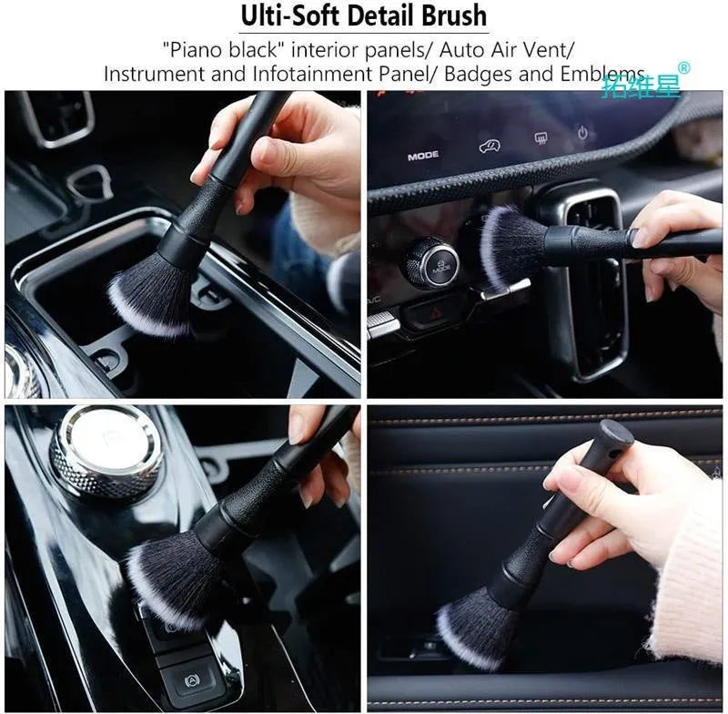 Black car detailing brush with ultra-soft pig hair bristles and a plastic handle.