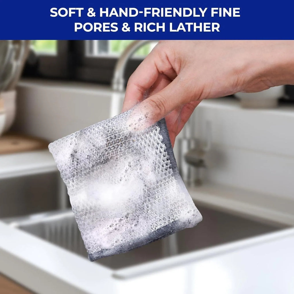 Double-sided household scrub brush with stainless steel wire on one side and silver microfiber cloth on the other.
