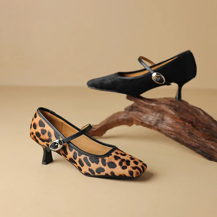 Women's black square toe stiletto heel ankle-strap shoes with horse hair upper