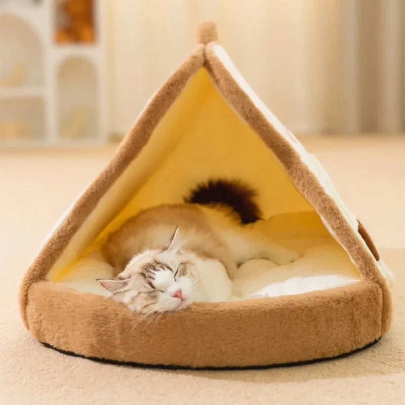 Green cat tent bed with fleece interior and mesh ventilation windows