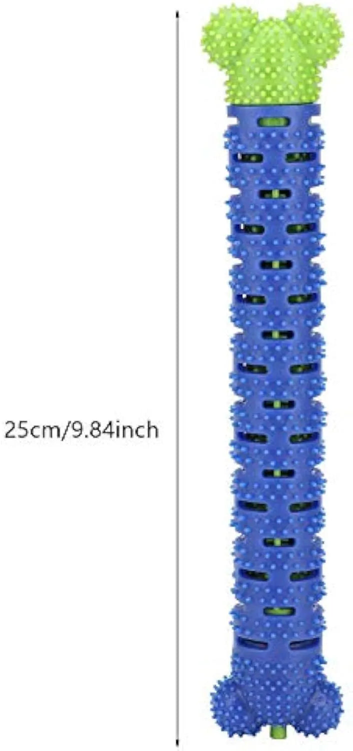 Blue and green silicone dog dental toy with brush head texture, nodules, and an integrated rope for chewing and play.