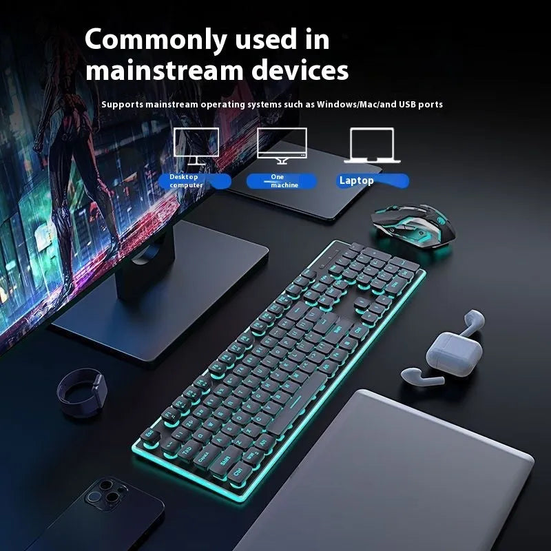 Compact wireless Bluetooth keyboard with mute button and pink backlight on a desk next to a tablet.