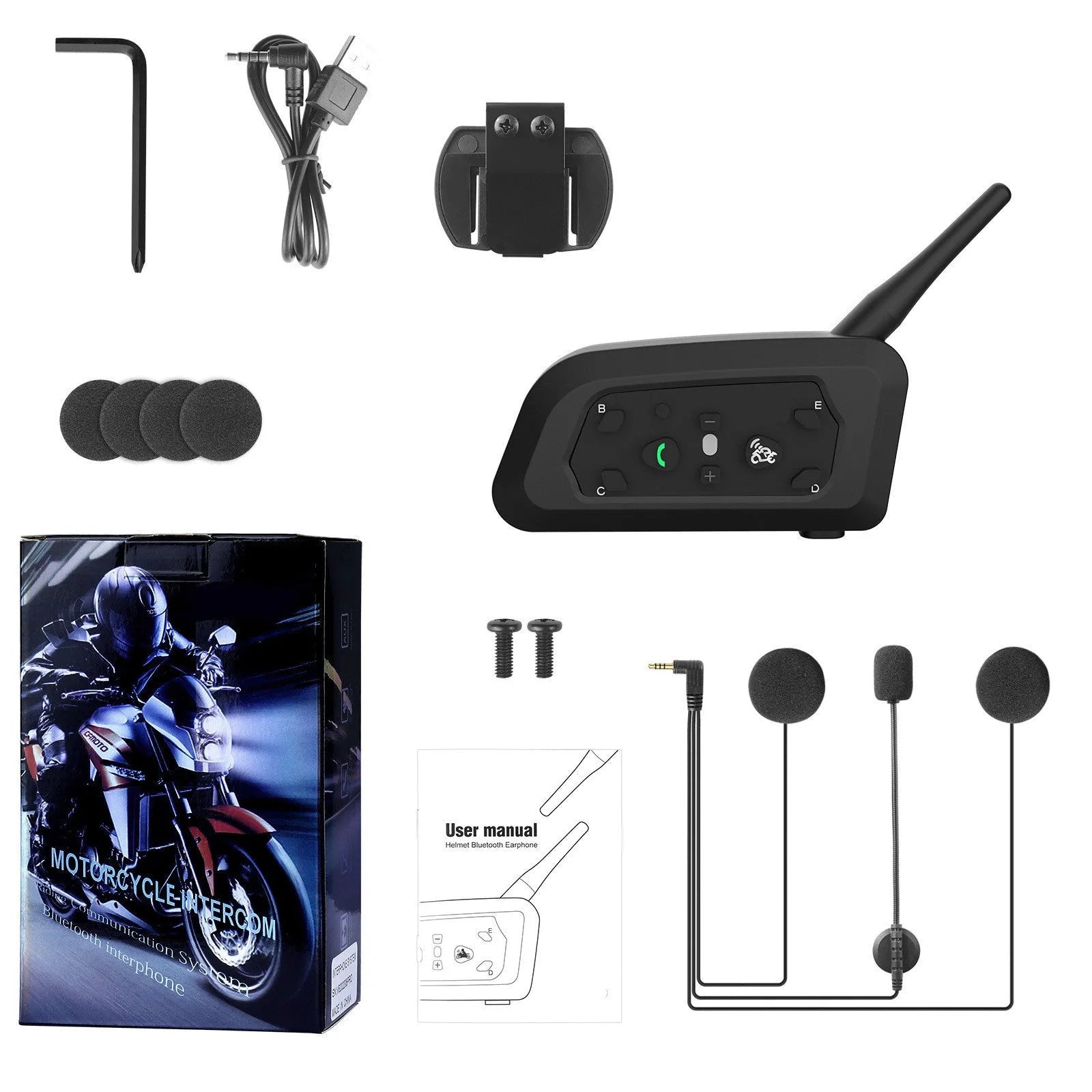 V6 Pro motorcycle helmet Bluetooth intercom unit with mounting clip and accessories