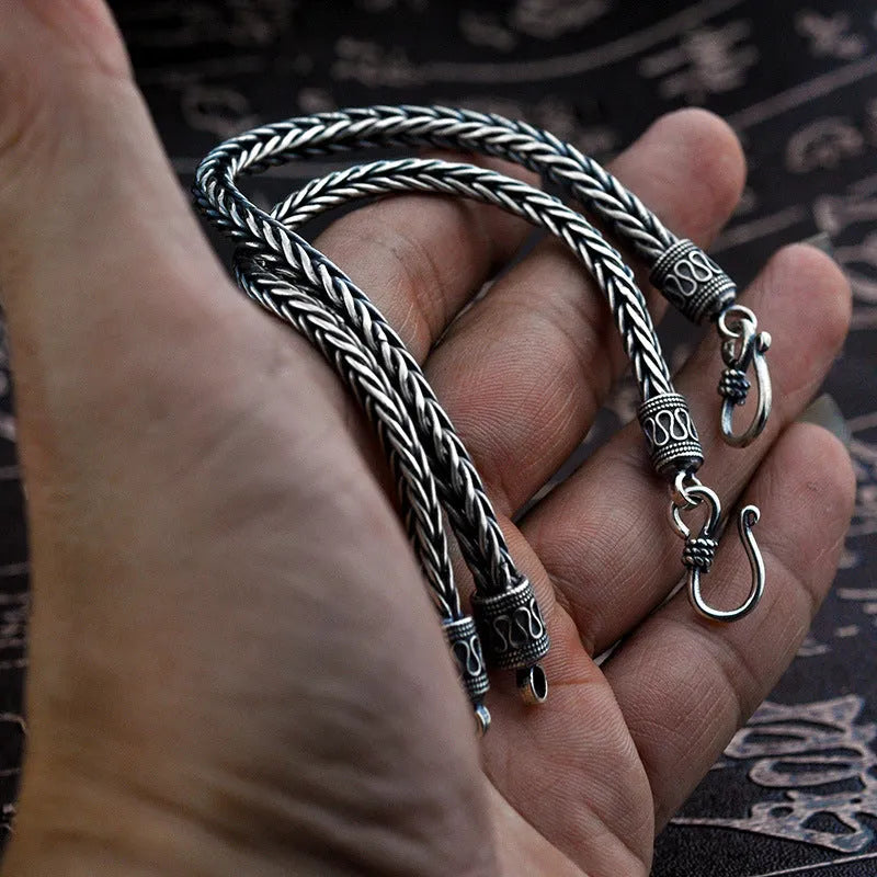 Vintage braided keel 925 silver bracelet for men retro wave style on wrist