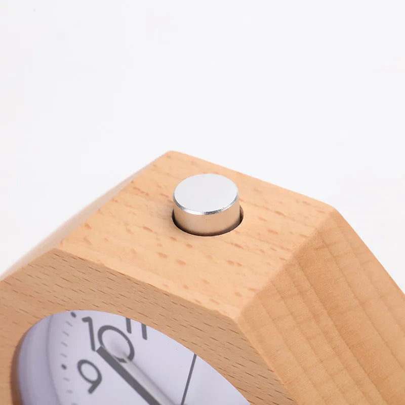 Polygonal beech wood alarm clock with luminous display, brown white finish, compact 9.5cm size