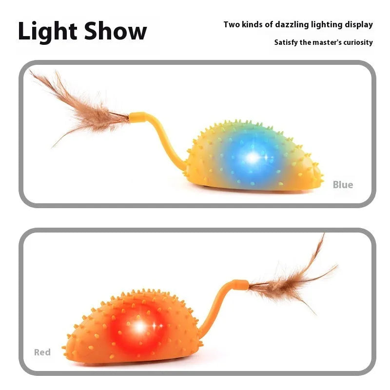 Remote control smart charging silicone mouse cat toy with feather attachment in cyan, orange and yellow colours