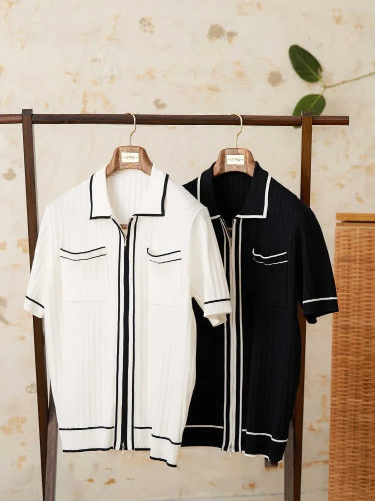Slim-fit black knitting polo shirt with a lapel collar and short sleeves on a neutral background.
