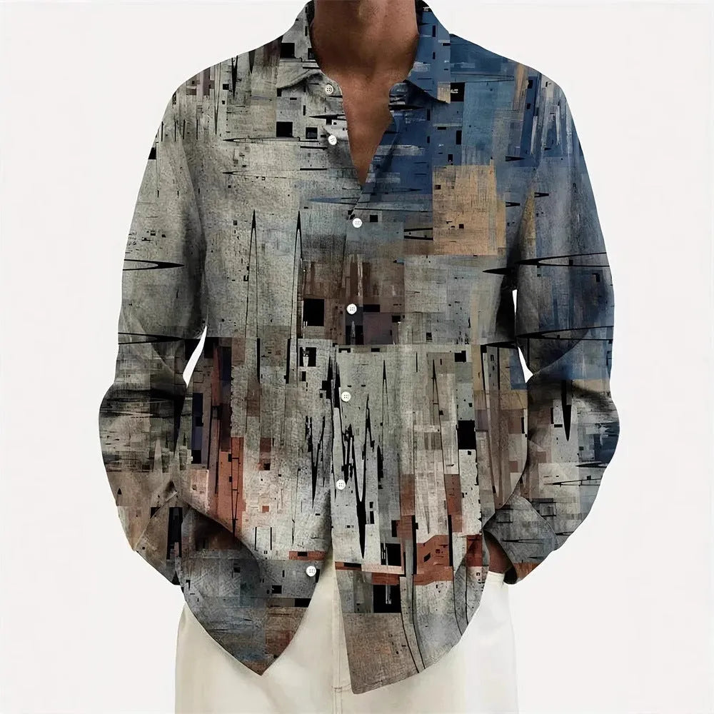 Man wearing a long sleeve Hawaiian shirt with a floral pattern, showcasing the loose fit and cardigan style.
