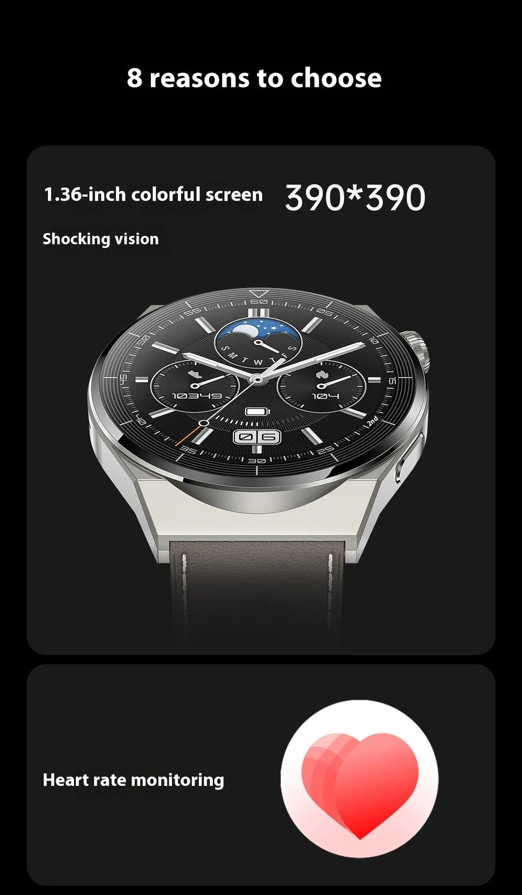 Black silicone strap smartwatch with silver case vinyl, showing TFT touch screen displaying heart rate data