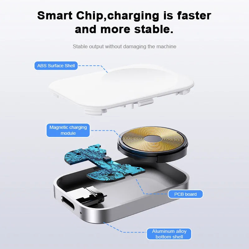 Black and white three-in-one magnetic wireless charger showing compact 4.3cm by 3.1cm dimensions