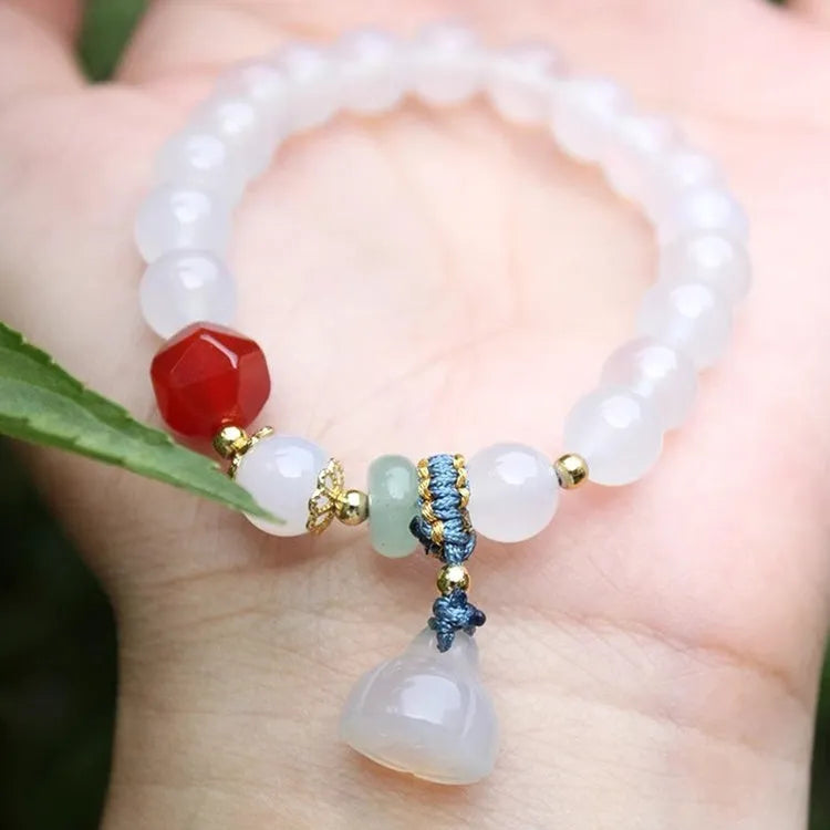 Hand-woven natural white agate bracelet with Chinese lotus seedpod beads in 10mm size