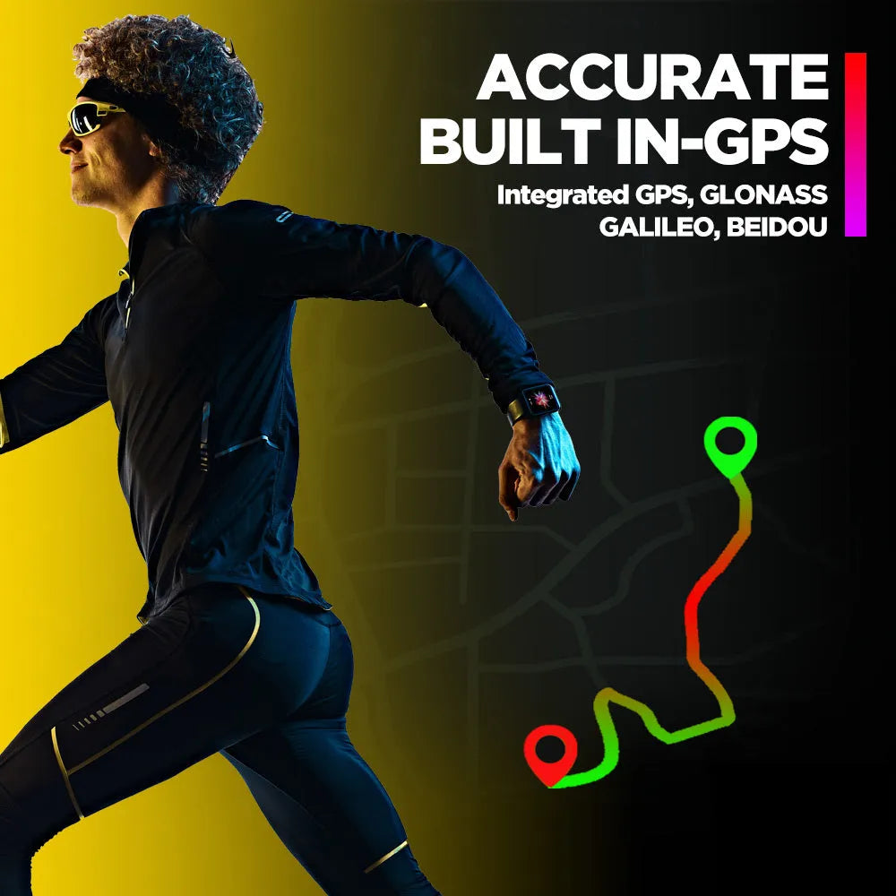Black GPS sports smart watch with LCD display showing health metrics on rubber strap