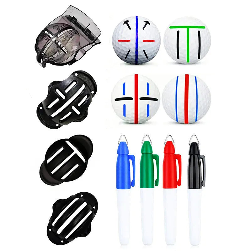Plastic golf ball alignment scriber tool with drawing pens on a green.