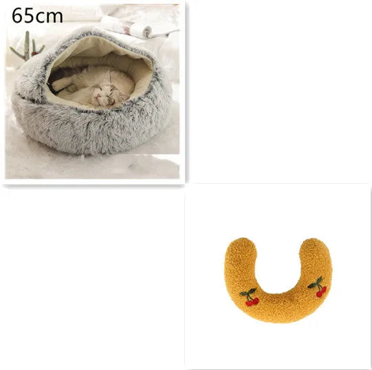 2 in 1 round plush pet bed with PP cotton filling for dogs and cats, available in brown, 65cm size