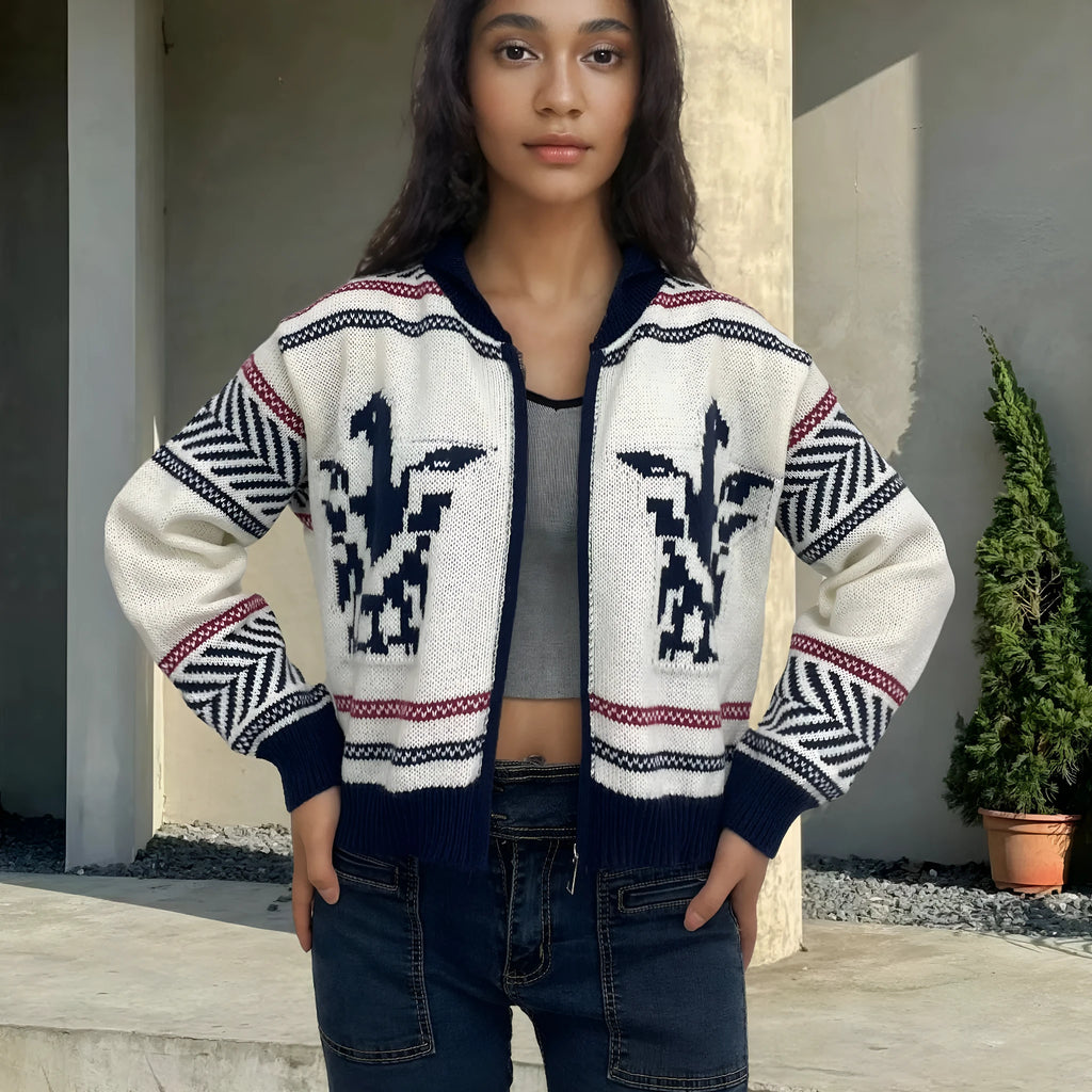White women's cardigan with front zipper, lapel collar, and jacquard weave pattern