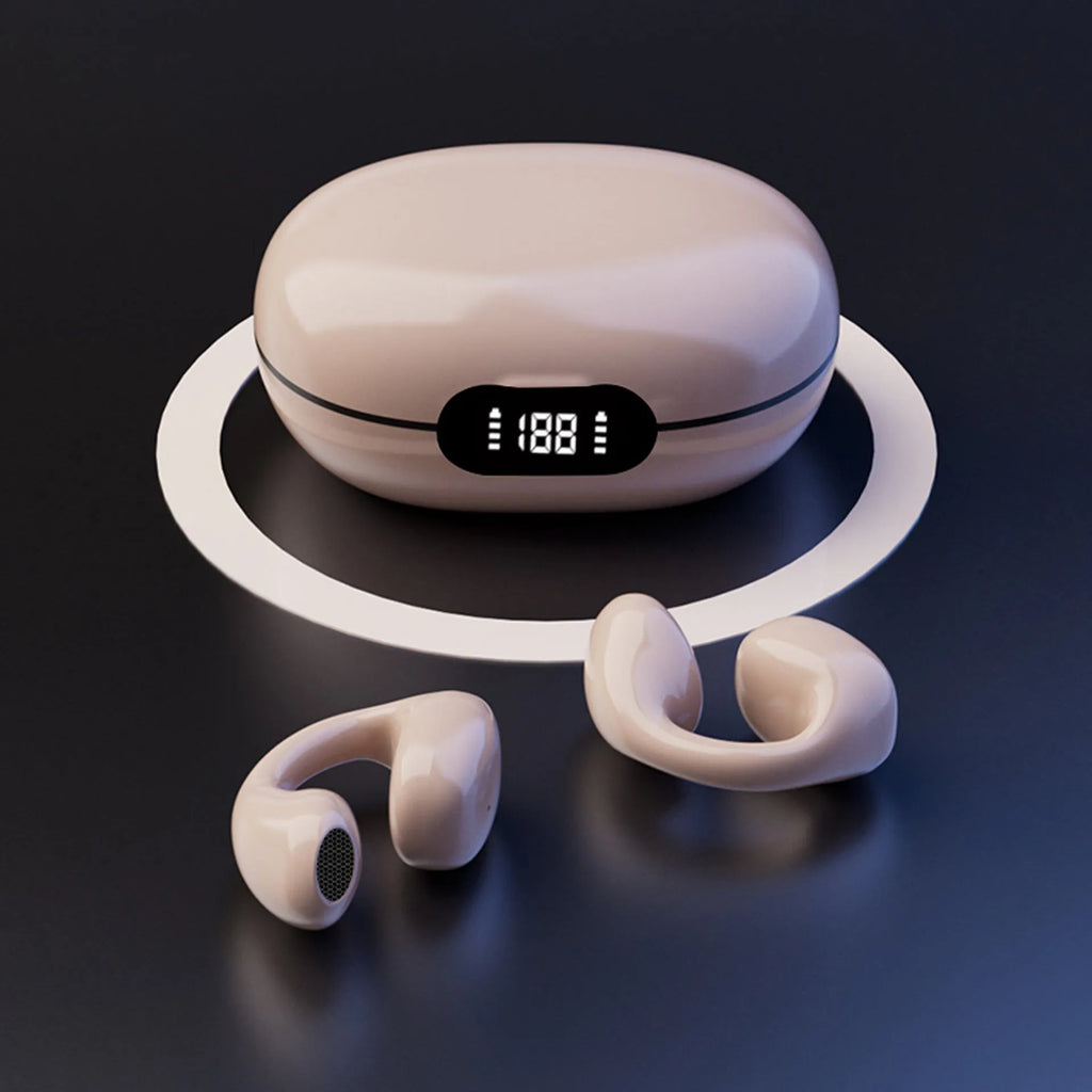 White and black wireless bone conduction Bluetooth headset two-pack with earplug style and headphone compartment.