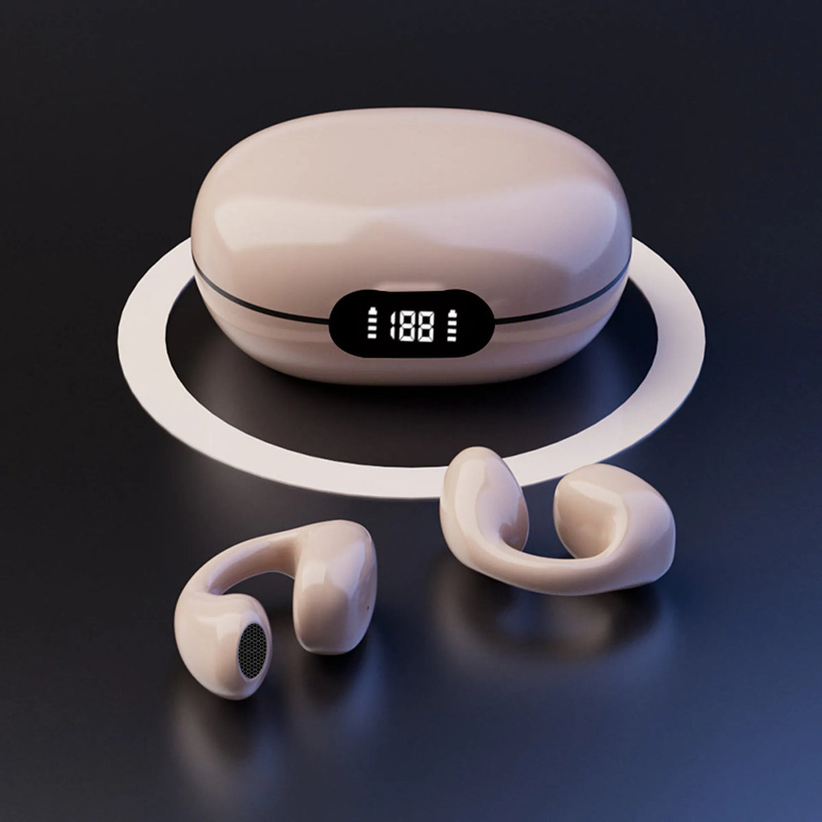 White and black wireless bone conduction Bluetooth headset two-pack with earplug style and headphone compartment.