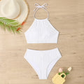 Women's conservative two-piece swimsuit with high waist apron design in polyester fabric