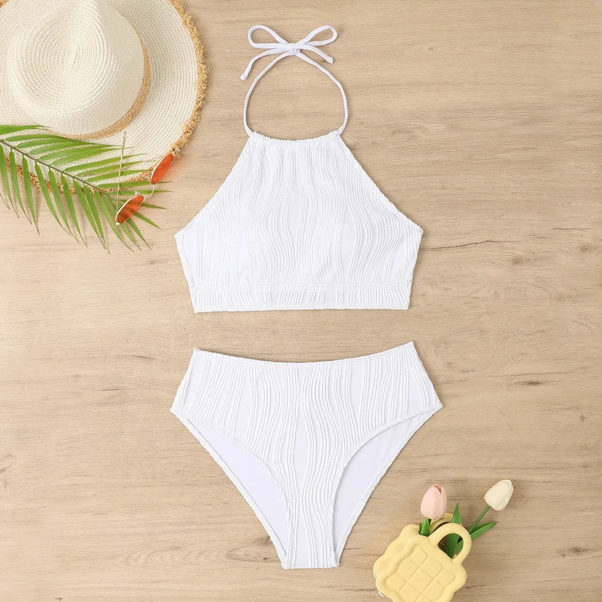 Women's conservative two-piece swimsuit with high waist apron design in polyester fabric