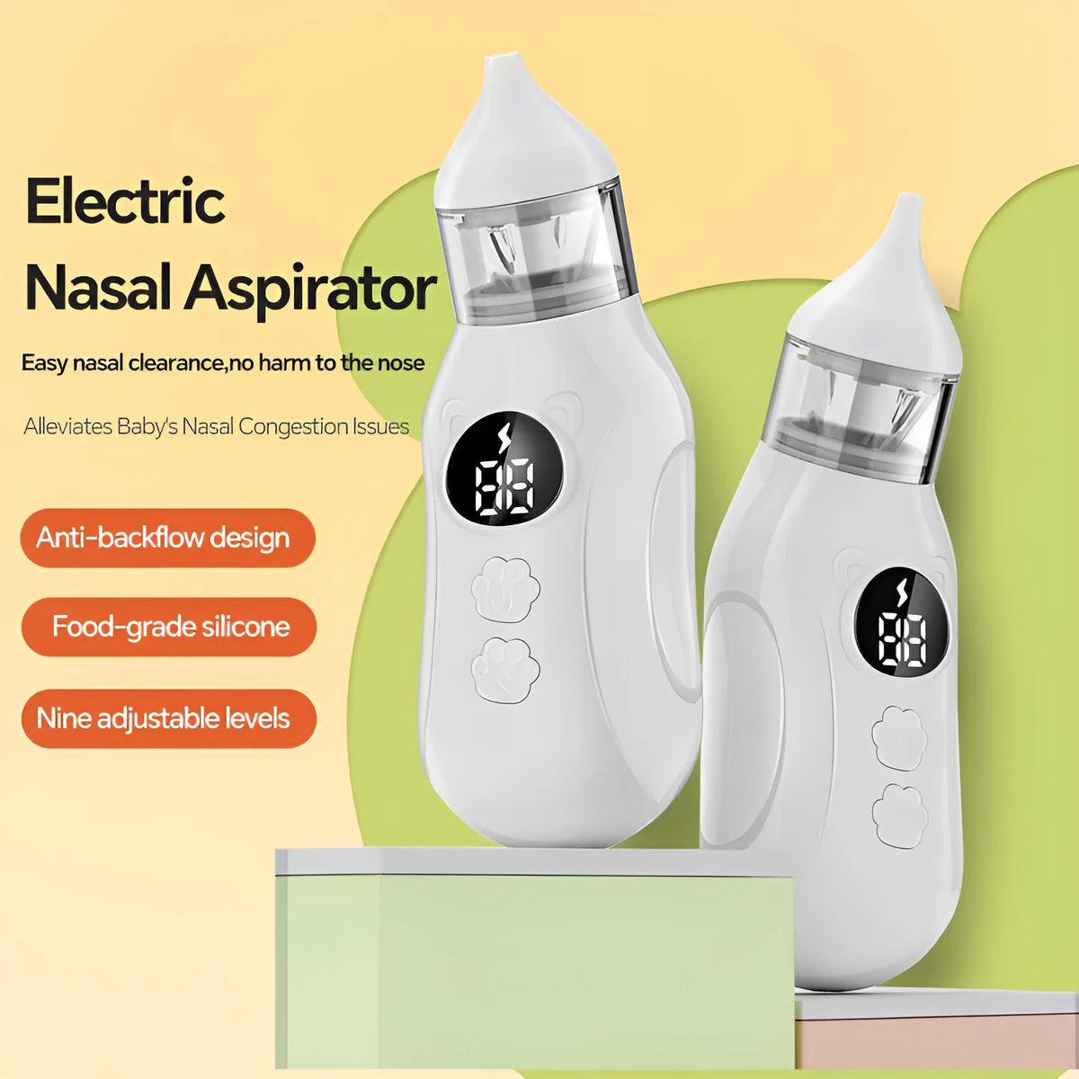 White electric nasal aspirator for children with silicone tip and anti-backflow design