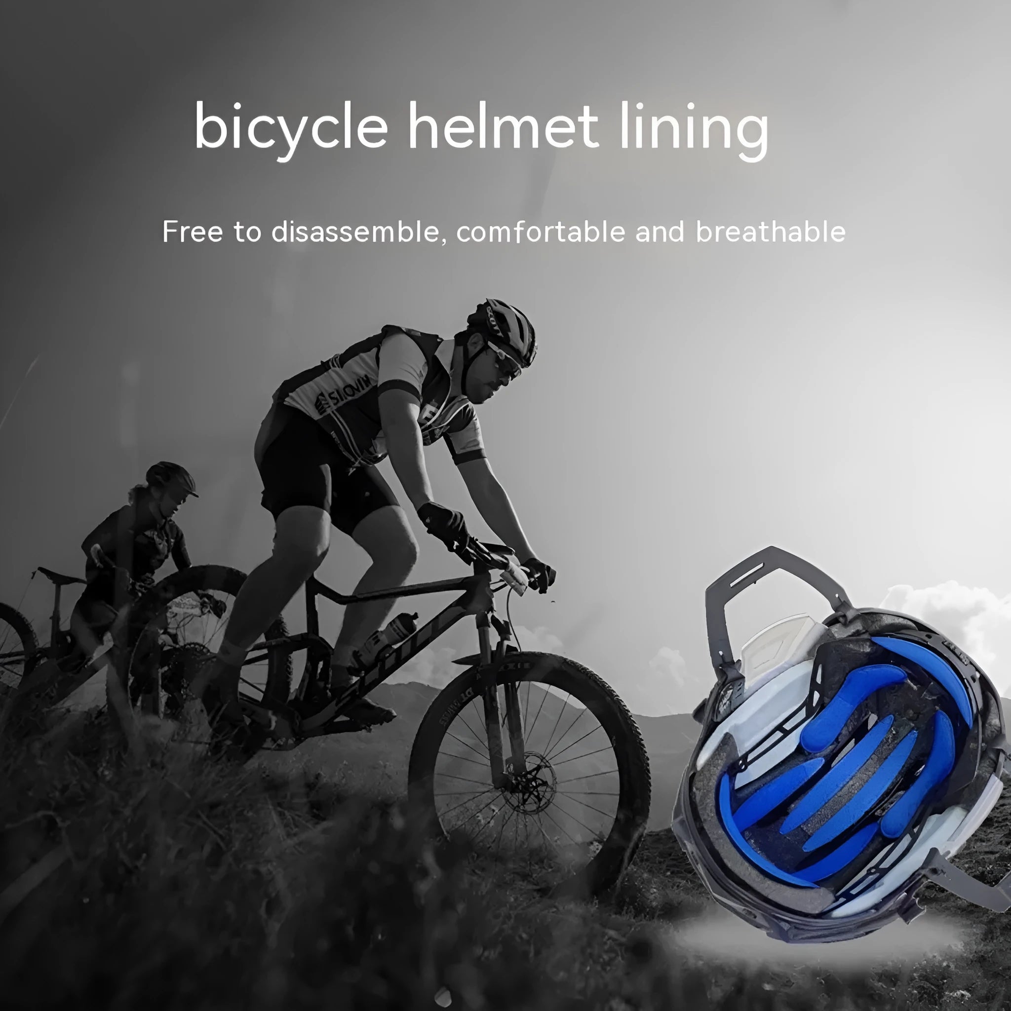 Cycling helmet lining with breathable sponge and velcro chin pad in blue, black, red, and grey colour options
