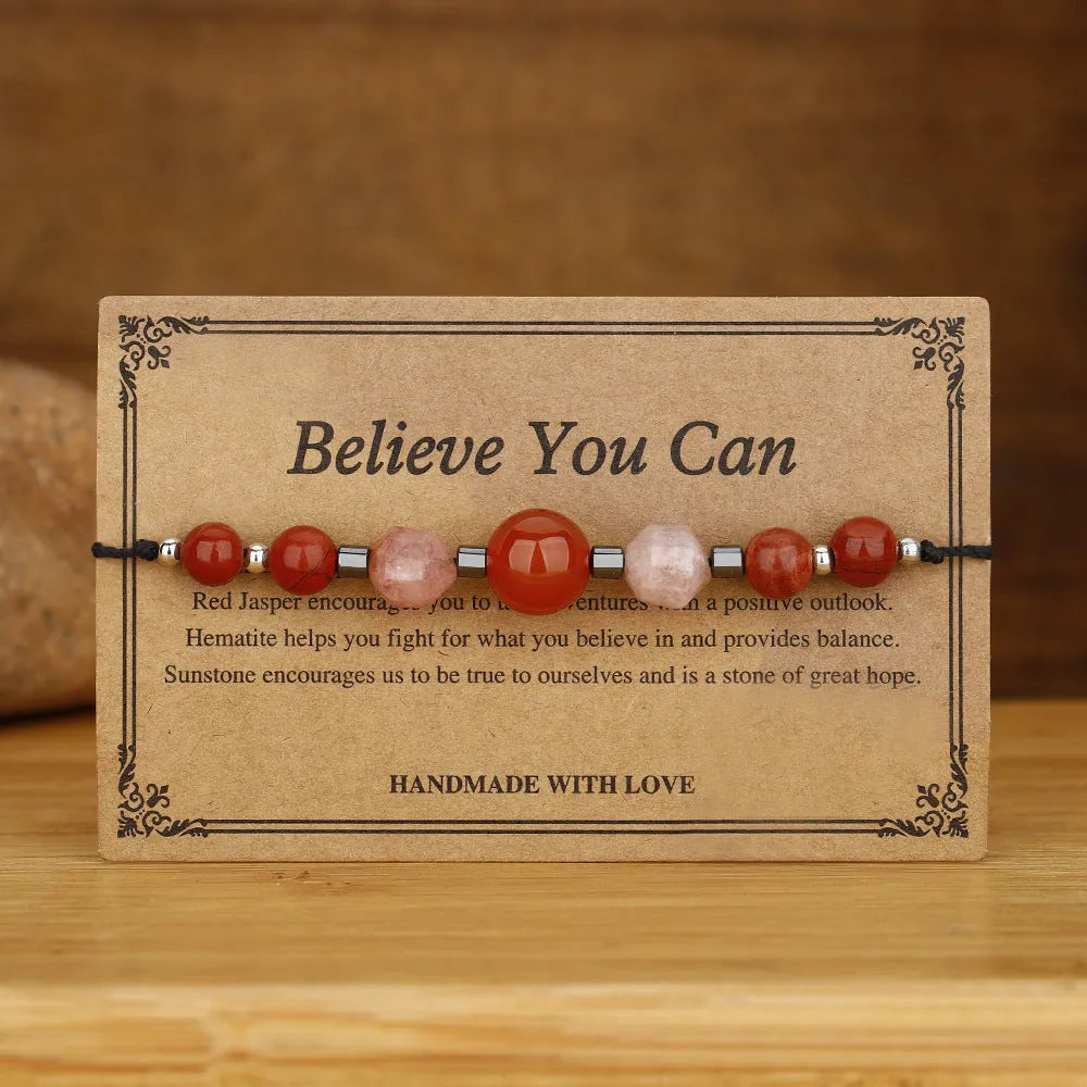 Red stone bracelet with sunstone, redstone and copper beads in geometric design