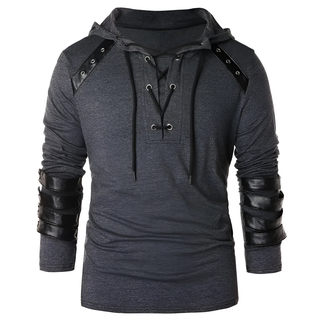 Hooded long sleeve cotton t-shirt in grey, black or army green with plain print, lapel collar and straight fit