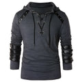 Hooded long sleeve cotton t-shirt in grey, black or army green with plain print, lapel collar and straight fit