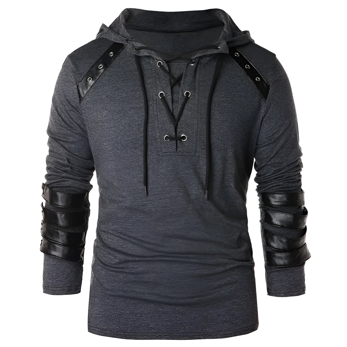 Hooded long sleeve cotton t-shirt in grey, black or army green with plain print, lapel collar and straight fit
