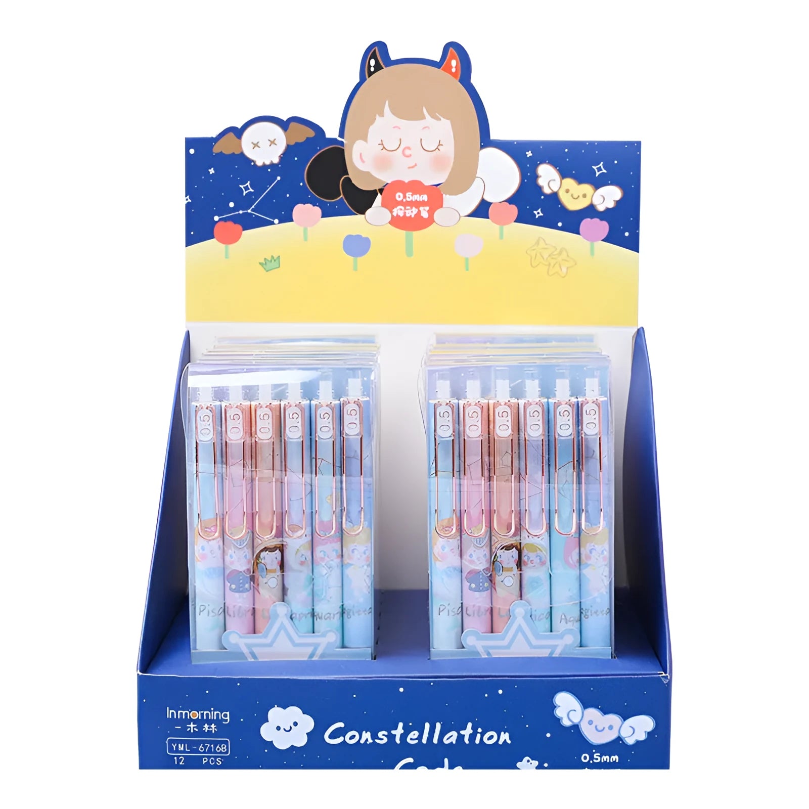 Six constellation-themed press gel pens with zodiac designs and 0.5mm tips