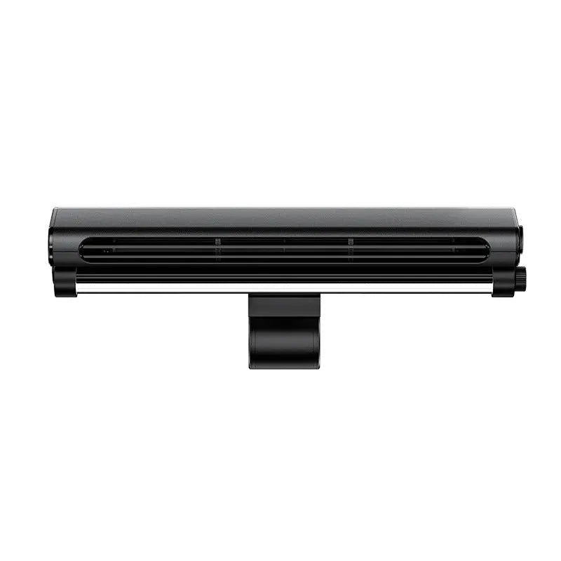 Black bladeless USB desk fan with clip attached to a laptop screen, showing integrated LED light.