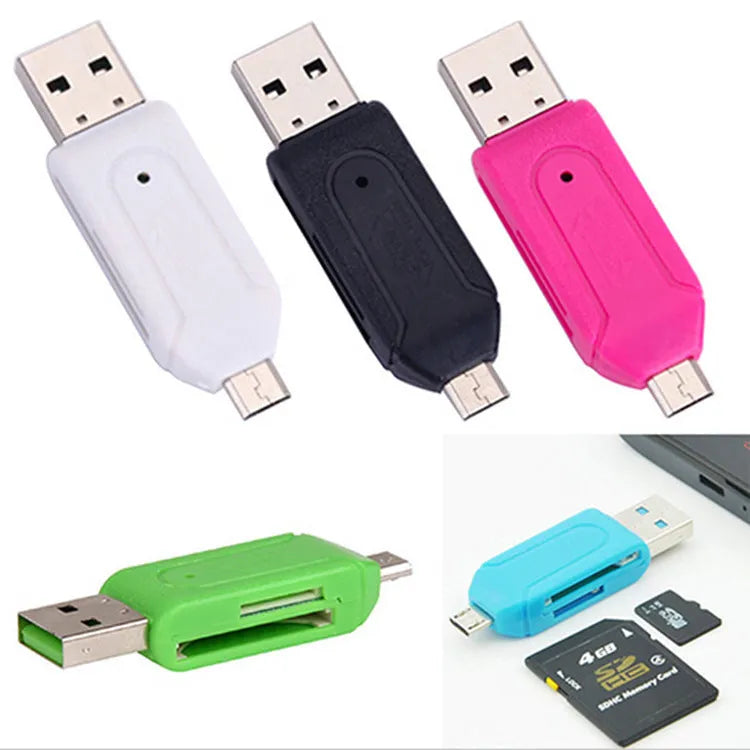 OTG dual-purpose card reader with USB 2.0 and micro USB interfaces in five colour options