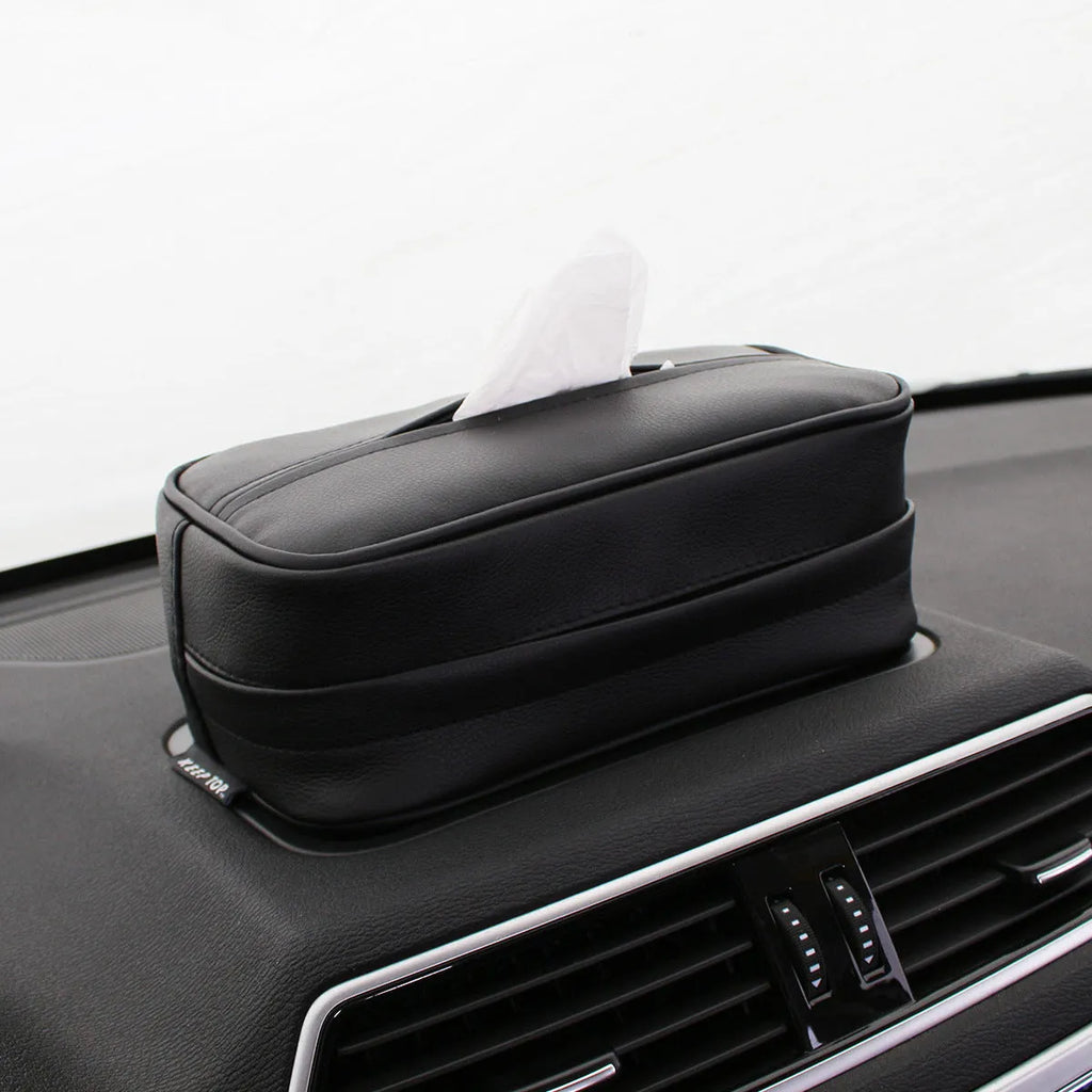 Beige PU leather car hanging organiser box with a loop, shown next to a black medium and black large size option.